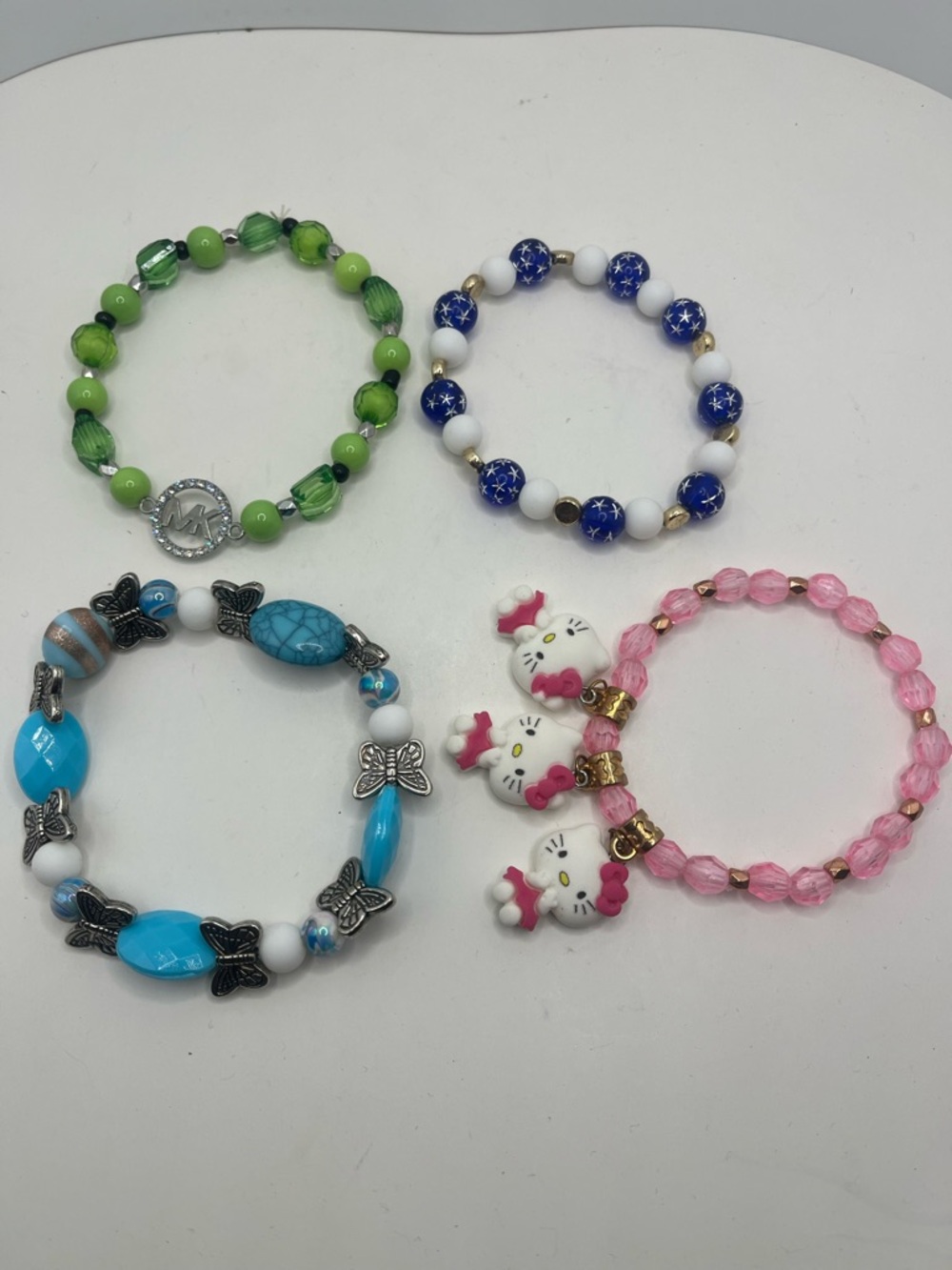 Handmade Beaded Stretch Bracelets Set - Green, Blue, Turquoise & Pink 4 pieces